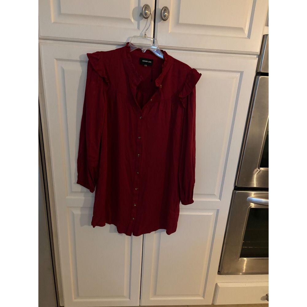 Sugar Lips Red Ruffle Long Sleeve Button Down Mini Dress STD12857A Small